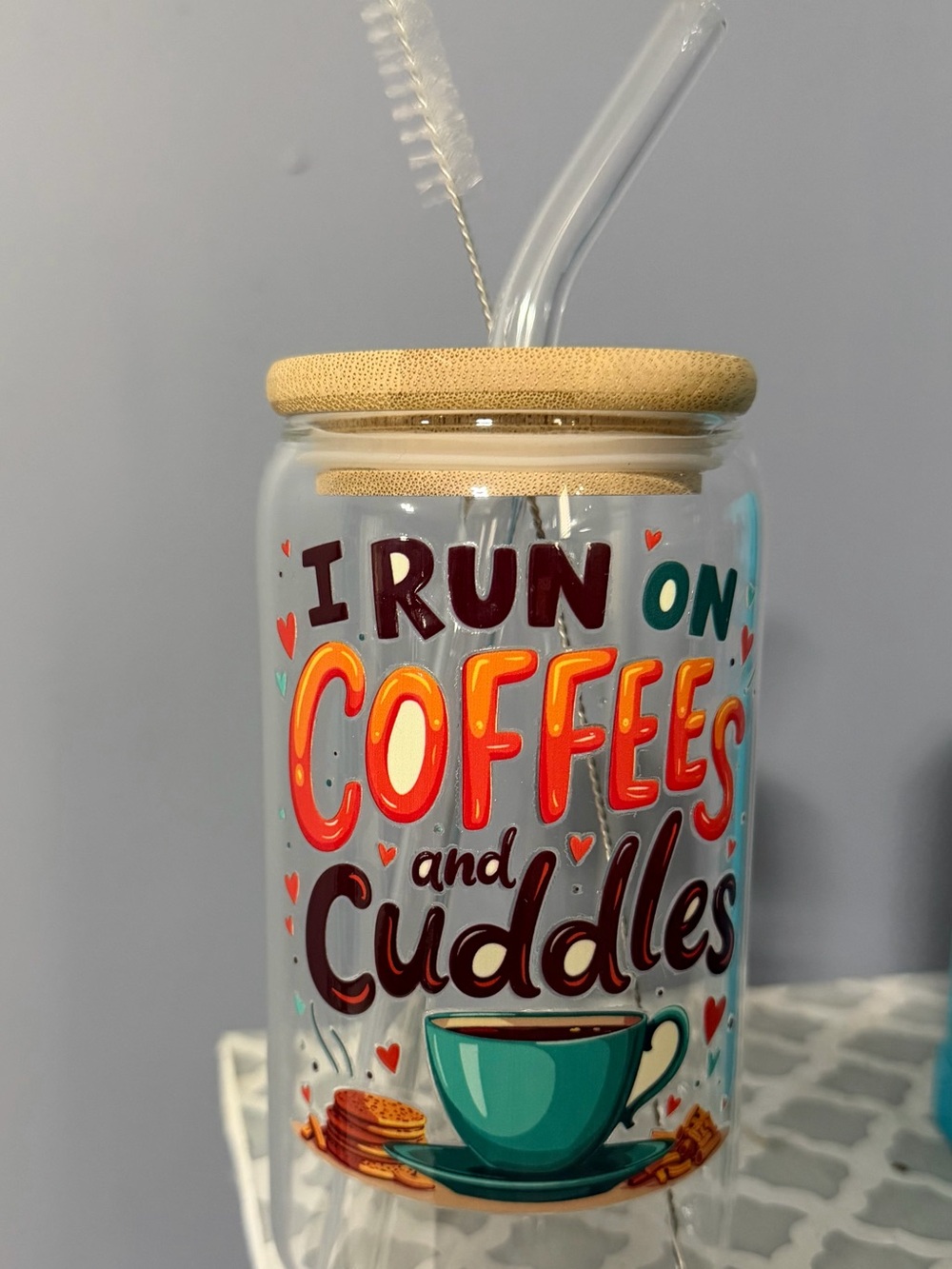 Glass Tumbler with Bamboo Lid – Teal Coffee Design
